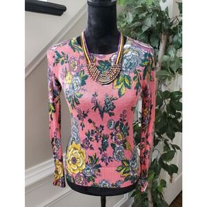 LOFT Women's Multi Floral Ramie Round Neck Casual Long Sleeve Sweater Petite 2XS